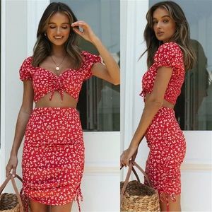 Red Floral two piece set off the shoulder adjustable skirt bday summer outfit